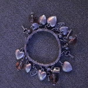 Vintage Silver Stretch Hearts, Locks and Key Charm Bracelet